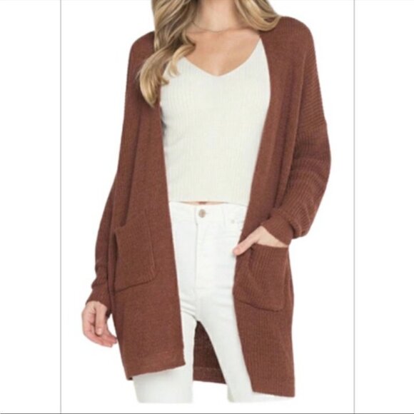 Dreamers by Debut Ribbed Knit Open Cardigan Pockets Brick / Rust Red / Orange XS - Picture 13 of 13